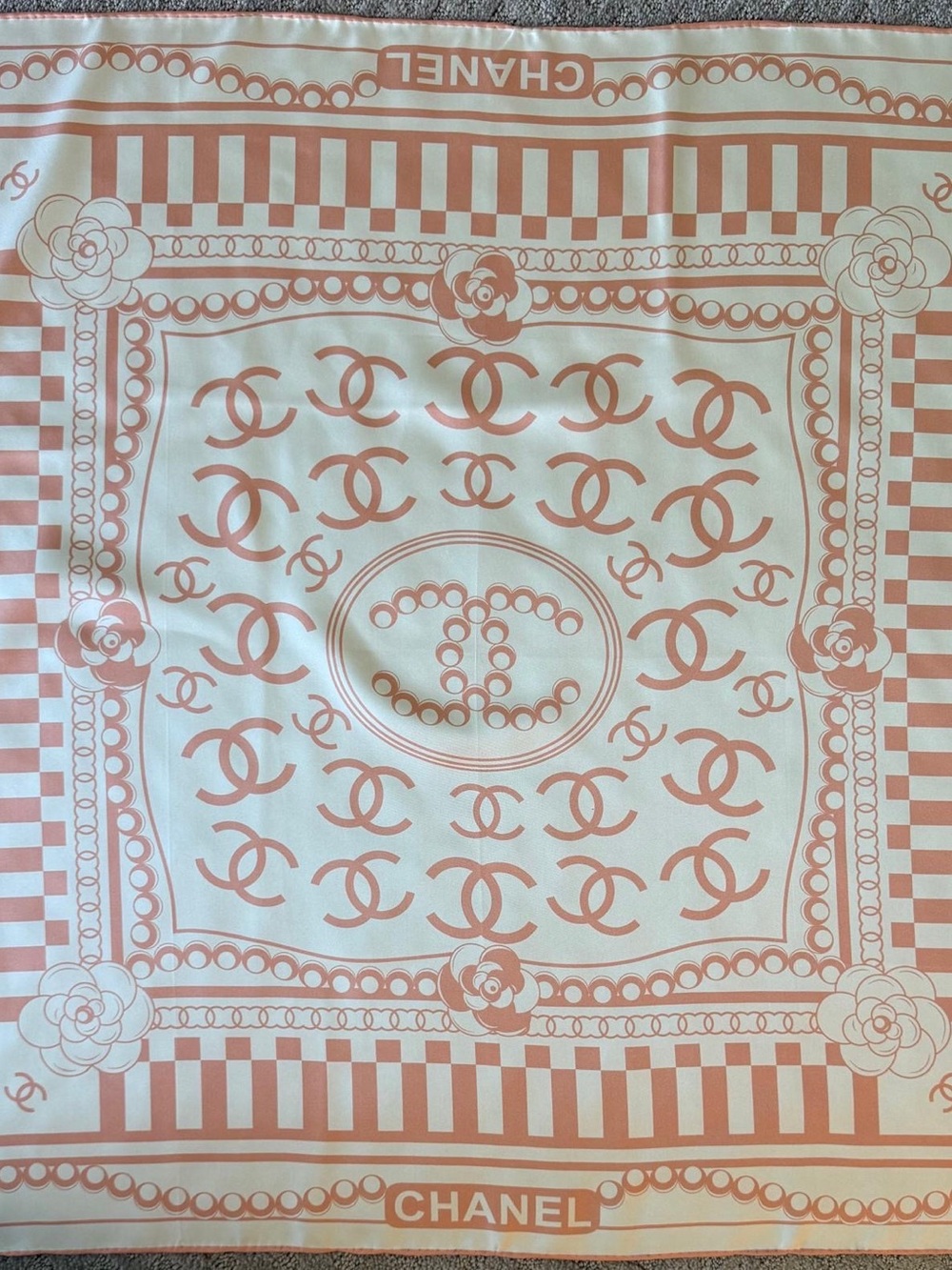 CHANEL Peach and White CC Logo Silk Scarf